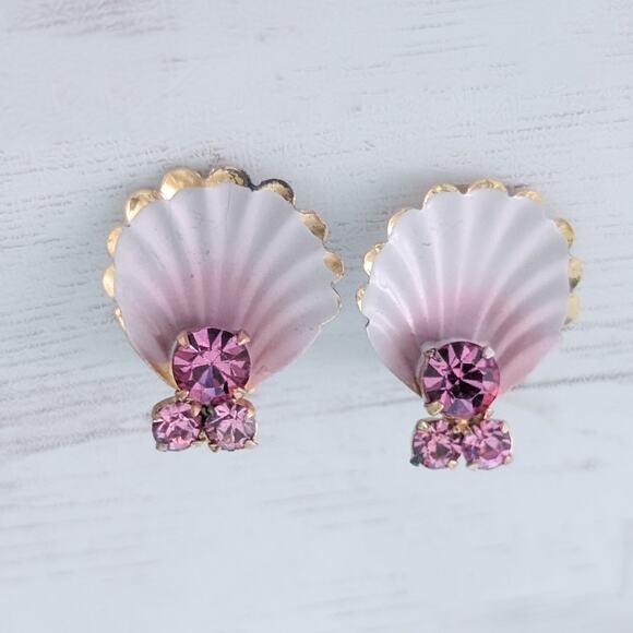 Vintage Jewelry - Vintage Clip On Earrings Shell Design with Clear Gems Just Over 7/8"